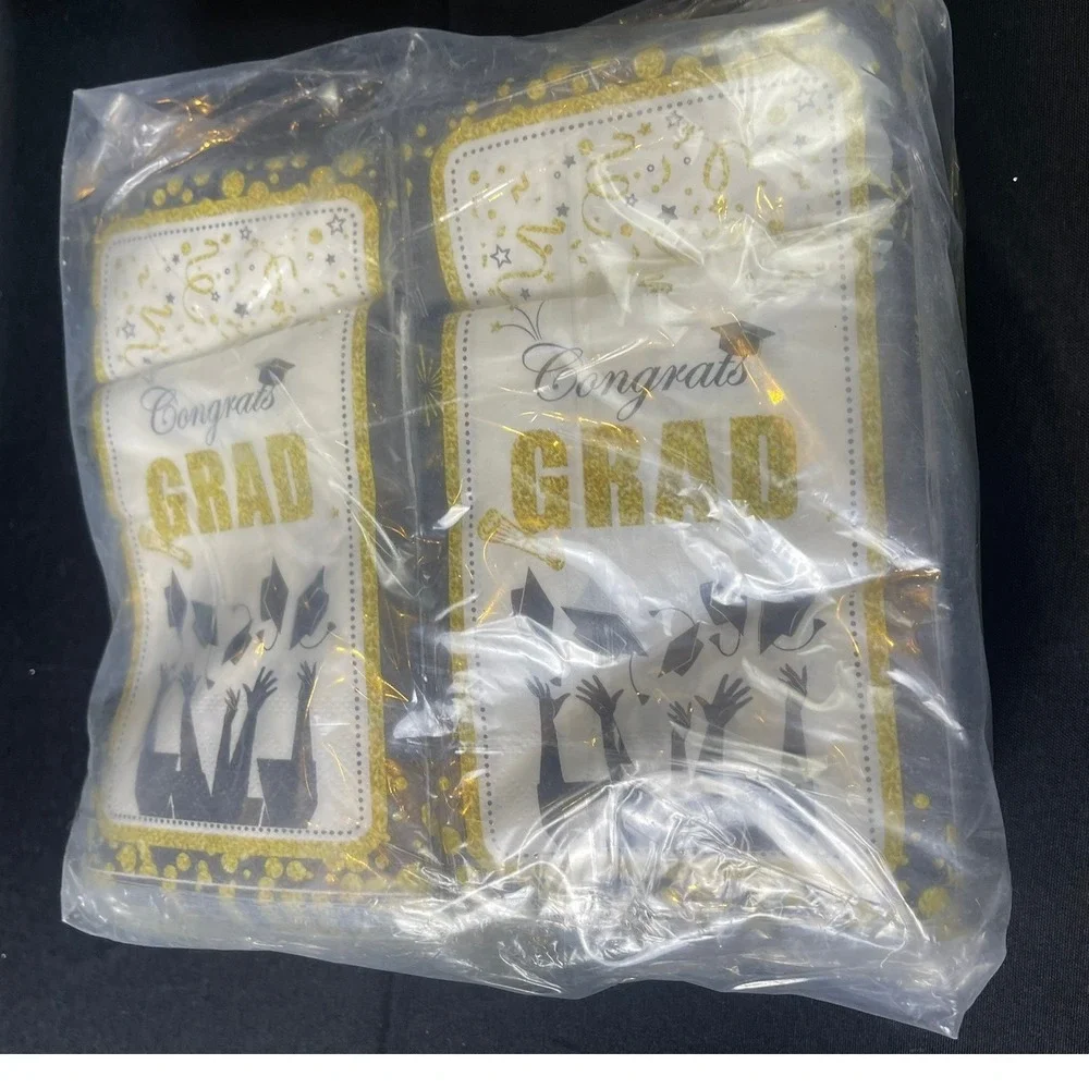 200 Pcs Congrats Grad Graduation Party Napkins Black Gold‎ White Table Decor Set